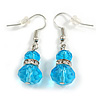 Sky Blue Double Glass with Crystal Ring Drop Earrings In Silver Tone - 40mm L