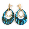 65mm Double Hoop Oval Mosaic Blue/Green Acrylic Earrings In Gold Tone