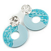 55mm Light Blue Round Acrylic Hoop Earring with Silver Tone Metal Plate