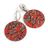 75mm Large Red/ Grey Lynx Animal Pattern Acrylic Round Disk Drop Earrings In Silver Tone
