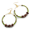50mm Lime Green Glass And Brown Wood Bead Hoop Earrings In Gold Tone - 80mm Drop
