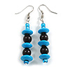 Light Blue/ Black Wood Glass Bead Drop Earrings in Silver Tone - 60mm Long