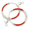 60mm Brick Red Glass and White Faux Pearl Bead Large Hoop Earrings in Silver Tone - 80mm L