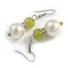 Faux Pearl Olive Green Bead with Crystal Ring Drop Earrings - 45mm Long