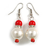 Faux Pearl Red Ceramic Bead with Crystal Ring Drop Earrings - 45mm Long