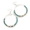 50mm Dusty Blue Glass and Ceramic Bead Large Hoop Earrings in Silver Tone - 75mm Drop