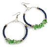 50mm Dark Blue Glass Bead and Green Glass Nugget Large Hoop Earrings in Silver Tone - 75mm Drop