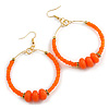 50mm Large Orange Glass, Acrylic Bead Hoop Earrings in Gold Tone - 75mm Drop