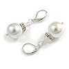 Bridal/ Prom/ Wedding Glass Pearl And Clear Bead Drop Earrings In Silver Tone - 40mm Drop