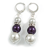 Light Grey/ Purple Glass Bead with Crystal Ring Drop Earrings in Silver Tone - 50mm L