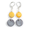 Yellow/ Grey Black Shell Bead Drop Earrings In Silver Tone - 55mm L