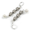 Trendy Square Hematite Faux Pearl Bead Drop Earrings In Silver Tone - 70mm Drop