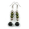 75mm Olive Green Glass/ Black Ceramic Bead Drop Earrings In Silver Tone