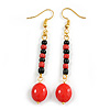 Black/ Red Glass Acrylic Bead Drop Earrings in Gold Tone - 70mm L