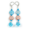 Light Blue/ Brown Shell Glass Bead Drop Earrings in Silver Tone - 70mm L