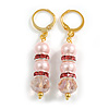 Light Pink Glass Bead with Pink Crystal Rings Drop Earrings in Gold Tone - 50mm Long