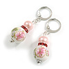 Pink/White Floral Glass Bead with Pink Crystal Spacer Drop Earrings in Silver Tone - 45mmL