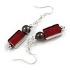 Red Square Glass and Round Hematite Bead Drop Earrings in Silver Tone - 55mm L