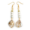 Long White Ceramic/ Shell Bead Linear Earrings in Gold Tone - 70mm L
