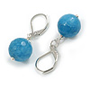 12mm Light Blue Agate Faceted Round Semi-Precious Stone Drop Earrings in Silver Tone - 35mm L
