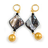 Stylish Black Shell Yellow Glass Drop Earrings in Gold Tone - 70mm L