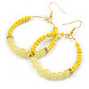 Yellow Glass Bead with Crystal Rings Hoop Earrings in Gold Tone - 70mm Long