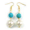 Faux Pearl and Turquoise Bead Long Drop Earrings in Gold Tone - 55mm L