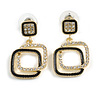 Clear Crystal Black Enamel Double Square Drop Earrings in Gold Tone - 30mm Long