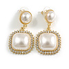 White Faux Pearl Bead Clear Crystal Square Drop Earrings in Gold Tone - 35mm Long