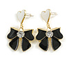 White Heart Black Enamel Bow Drop Earrings in Gold Tone - 35mm Drop