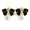 Black Enamel Bow White Faux Pearl Stud Earrings in Gold Tone - 20mm Across
