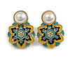 Teal/Yellow/Blue Enamel Pearl Flower Stud Earrings in Gold Tone - 20mm Tall
