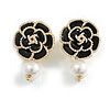 Black Enamel White Faux Pearl Layered Rose Flower Stud Earrings in Gold Tone - 35mm Tall