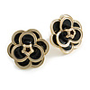 20mm D/ Black/White Enamel Layered Rose Flower Stud Earrings in Gold Tone