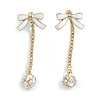 White Enamel Bow with Crystal Chain and CZ Ball Front Back Drop Earrings/Gold Tone/45mm Long