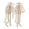 Statement White Faux Pearl and Crystal Multi Chain Dangle Earrings in Gold Tone - 90mm Drop