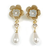 Two Tone Floral Faux Pearl Drop Earrings/Party/Prom/Wedding - 60mm Tall