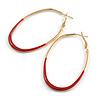 60mm Tall/ Gold Tone with Red Enamel Oval Hoop Earrings/ Large Size