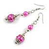 Fuchsia Pink Glass Bead with Wire Drop Earrings In Silver Tone - 65mm Long