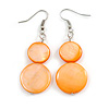 Double Bead Shell Drop Earrings In Silver Tone/ Orange - 55mm Long