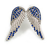 Sapphire Blue Crystal Angel Wings Stud Earrings In Silver Tone Metal/38mm Across