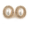 30mm Tall/ Clear Crystal White Pearl Oval Clip On Earrings In Gold Tone