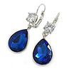 Royal Blue/Clear Glass Teardrop Earrings With Leverback Closure In Silver Tone/ 45mm Drop