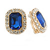 23mm Tall/ Clear/Royal Blue Crystal Square Clip On Earrings in Gold Tone Metal