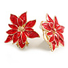 Christmas Red Enamel Poinsettia Holiday Stud Clip On Earrings In Gold Tone - 25mm Diameter