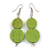 Double Bead Lime Green Wooden Drop Earrings - 60mm Long