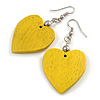 Yellow Wood Grain Heart Drop Earrings - 60mm L
