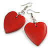 Red Wood Grain Heart Drop Earrings - 60mm L