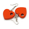 Orange Cut Out Heart Wooden Drop Earrings - 55mm Long