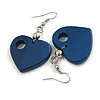 Dark Blue Cut Out Heart Wooden Drop Earrings - 55mm Long